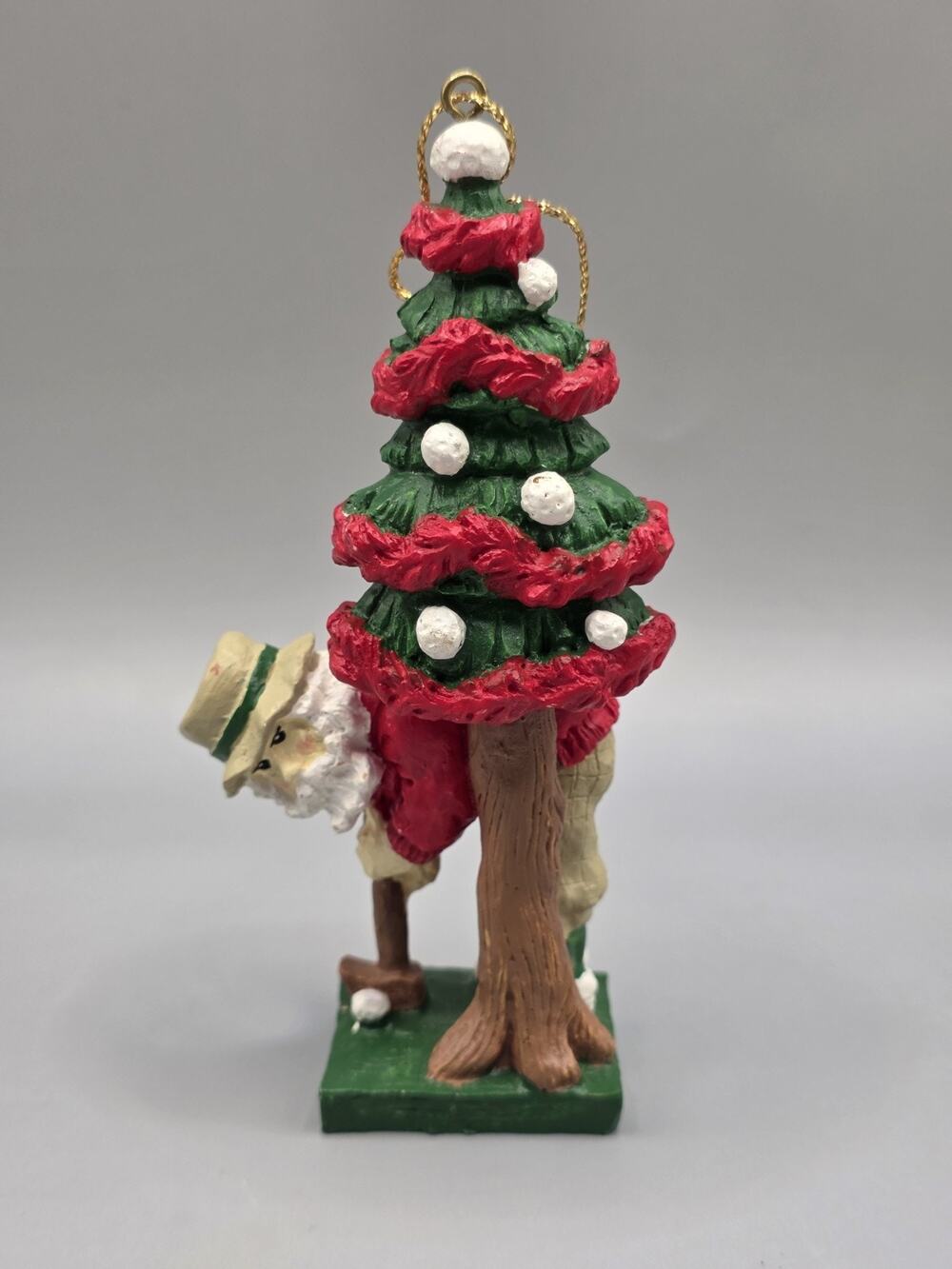 Vintage Resin Golfing Santa Behind Christmas Tree Ornament Golf Theme Decor